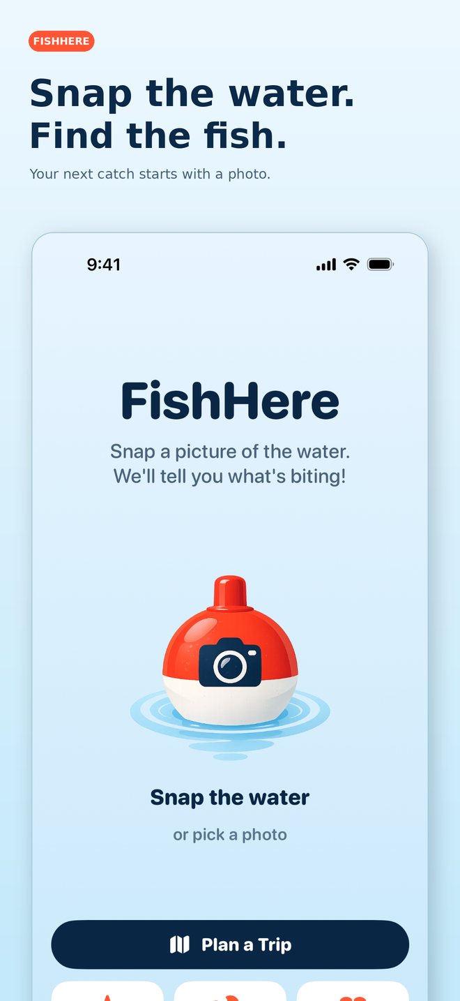 FishHere home screen with the bobber camera button